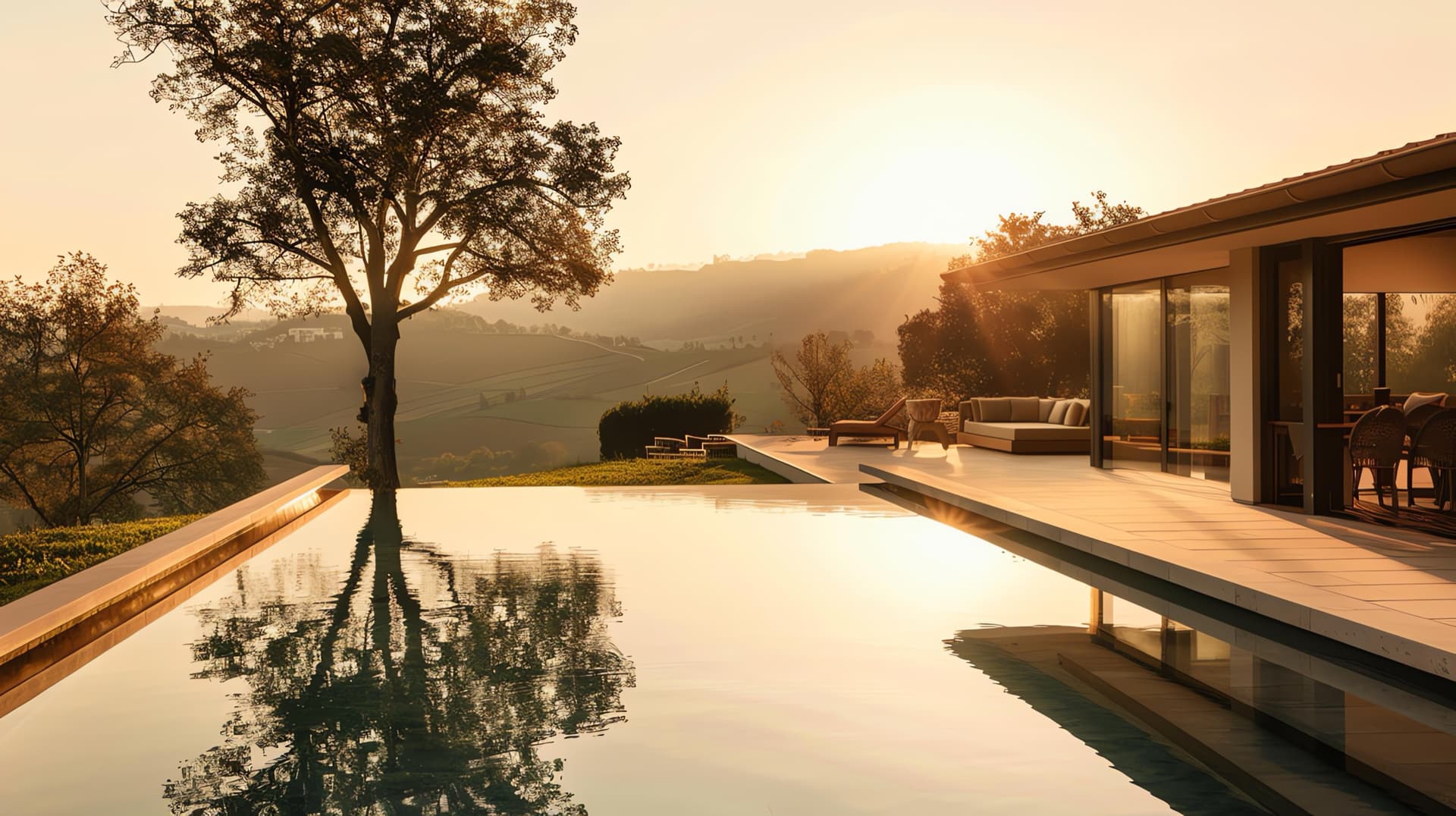 Casa moderna com piscina em paisagem verde